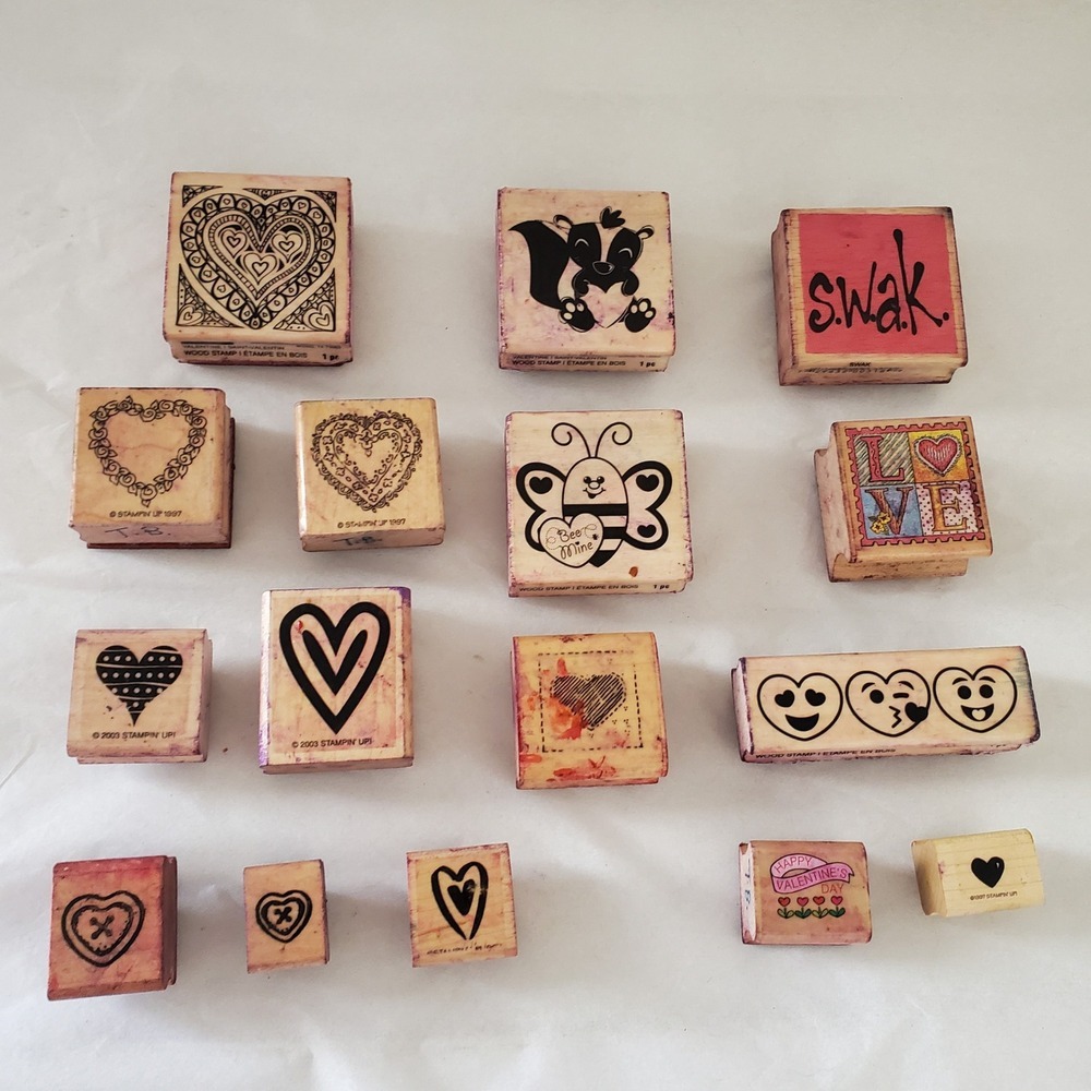 Stampin Up Craft Smart Wood Rubber Stamp Lot 16 Valentine Heart Bee Skunk Emoji
